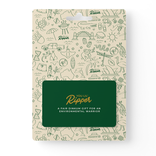 Ripper Paper gift card. Dark green card on off-white ripper branded cardboard. A gift for those who like luxurious household products that are eco-friendly.