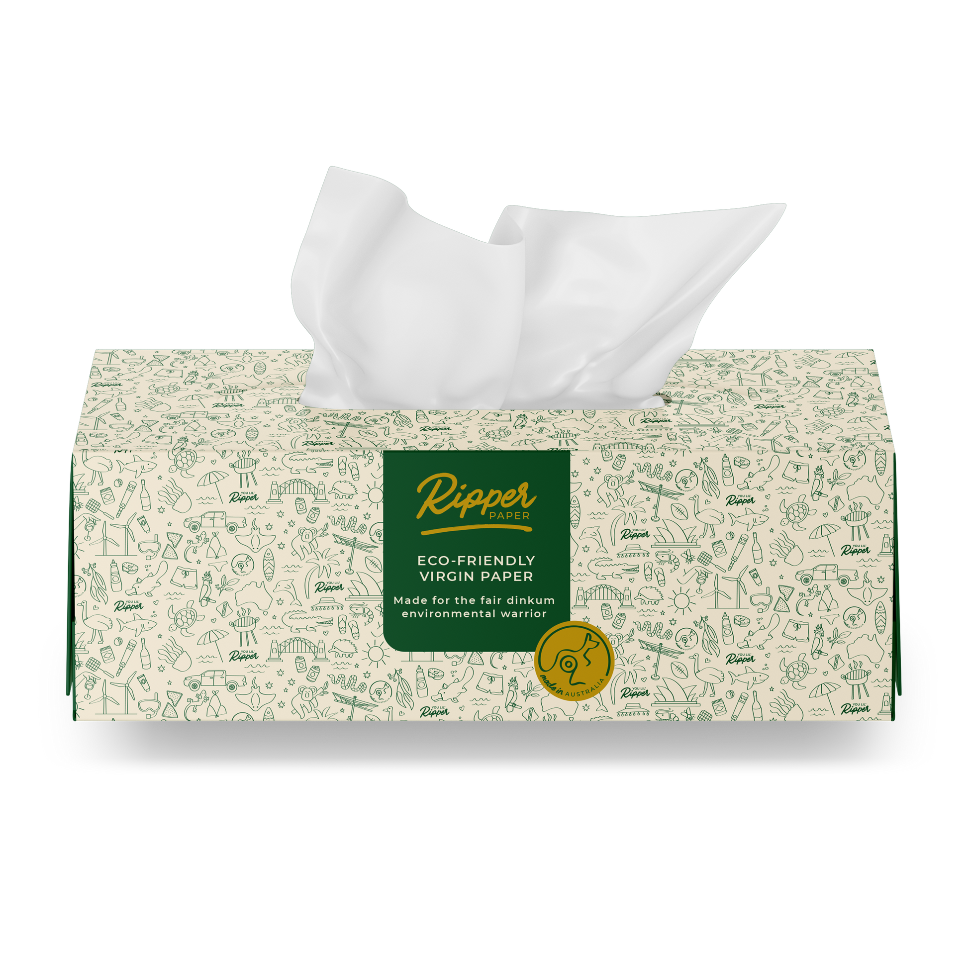 Ripper Paper single tissue box in off-white cardboard with dark green branding. Made from eco-friendly, virgin paper.