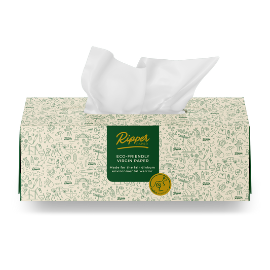 Ripper Paper single tissue box in off-white cardboard with dark green branding. Made from eco-friendly, virgin paper.