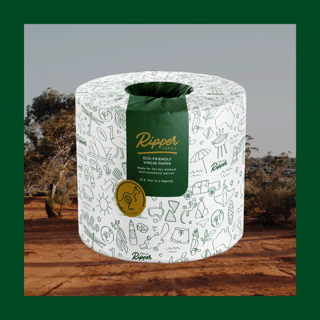Ripper Paper single toilet paper roll wrapped in white paper with dark green branding dancing on Australian-themed background images.